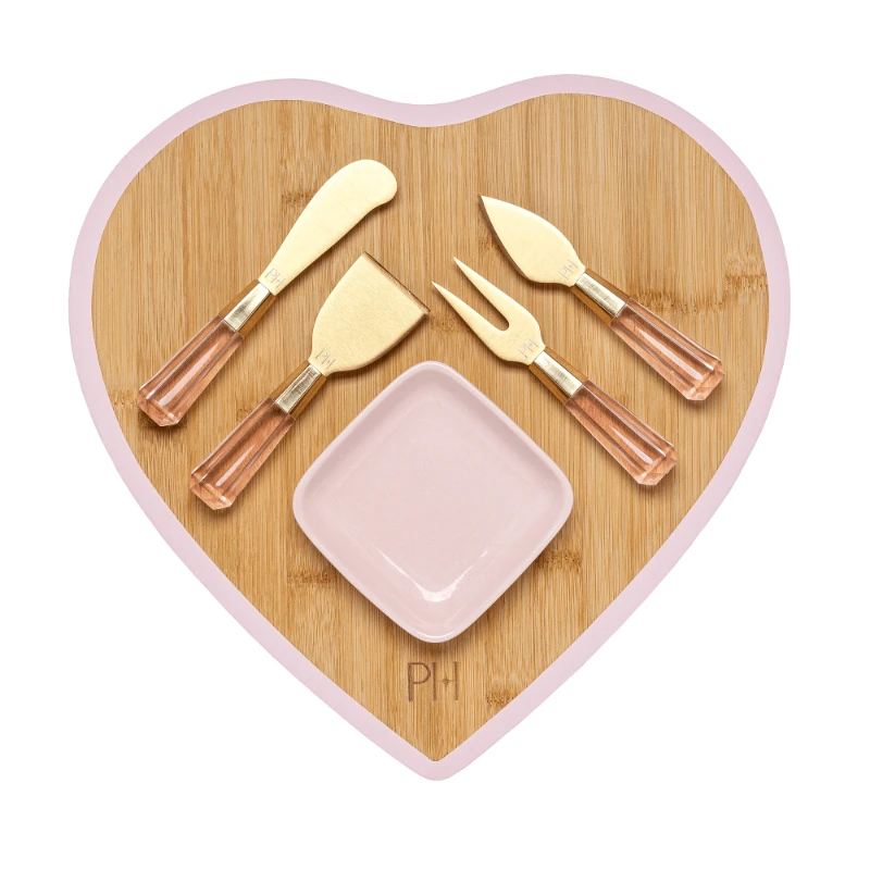 

6-Piece Bamboo Heart Charcuterie Board and Serving Set, Pink