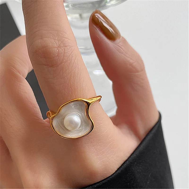 

Minar Exquisite Freshwater Pearl Charm Rings for Women White Color Enamel Irregular Adjusting Open Finger Ring Wedding Jewelry