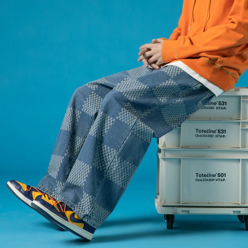 

VAJANED 2022 весенние Брендовые прямые свободные мужские клетчатые джинсы, Классические жаккардовые трендовые корейские модные джинсы для мальчиков и девочек