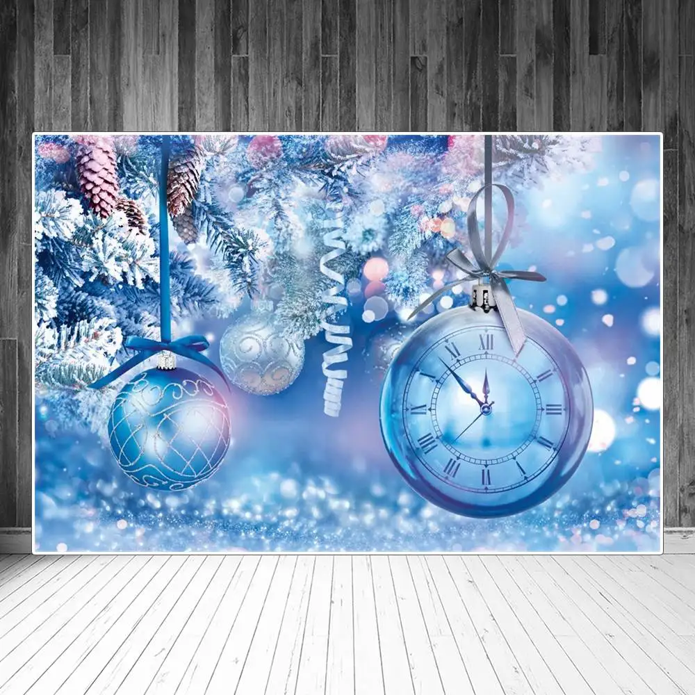 

Christmas Ball Clock Pine Cone Twigs Snow Light Bokeh Photography Backdrops Custom Party Home Decoration Photo Booth Backgrounds