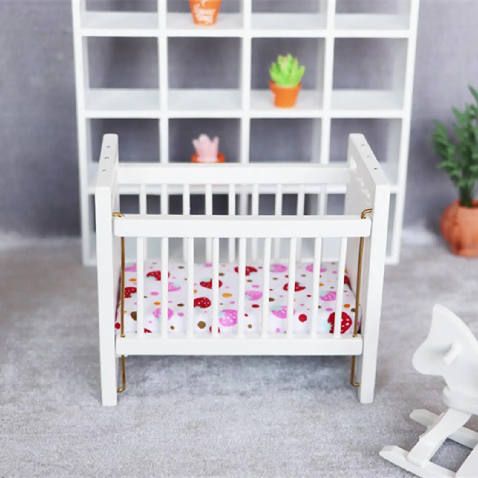 

Simulation Dollhouse Miniature Baby Cradle Nursery Crib Accessories Handmade Decor 1/12 Scale Rocking Bed for Bedroom Doll House