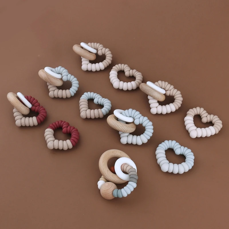 

HUYU Baby Teether Silicone Beads Nursing Bracelet Soother Wooden Ring Teething Rattle Molar Toy for Newborn Infant Shower Gifts