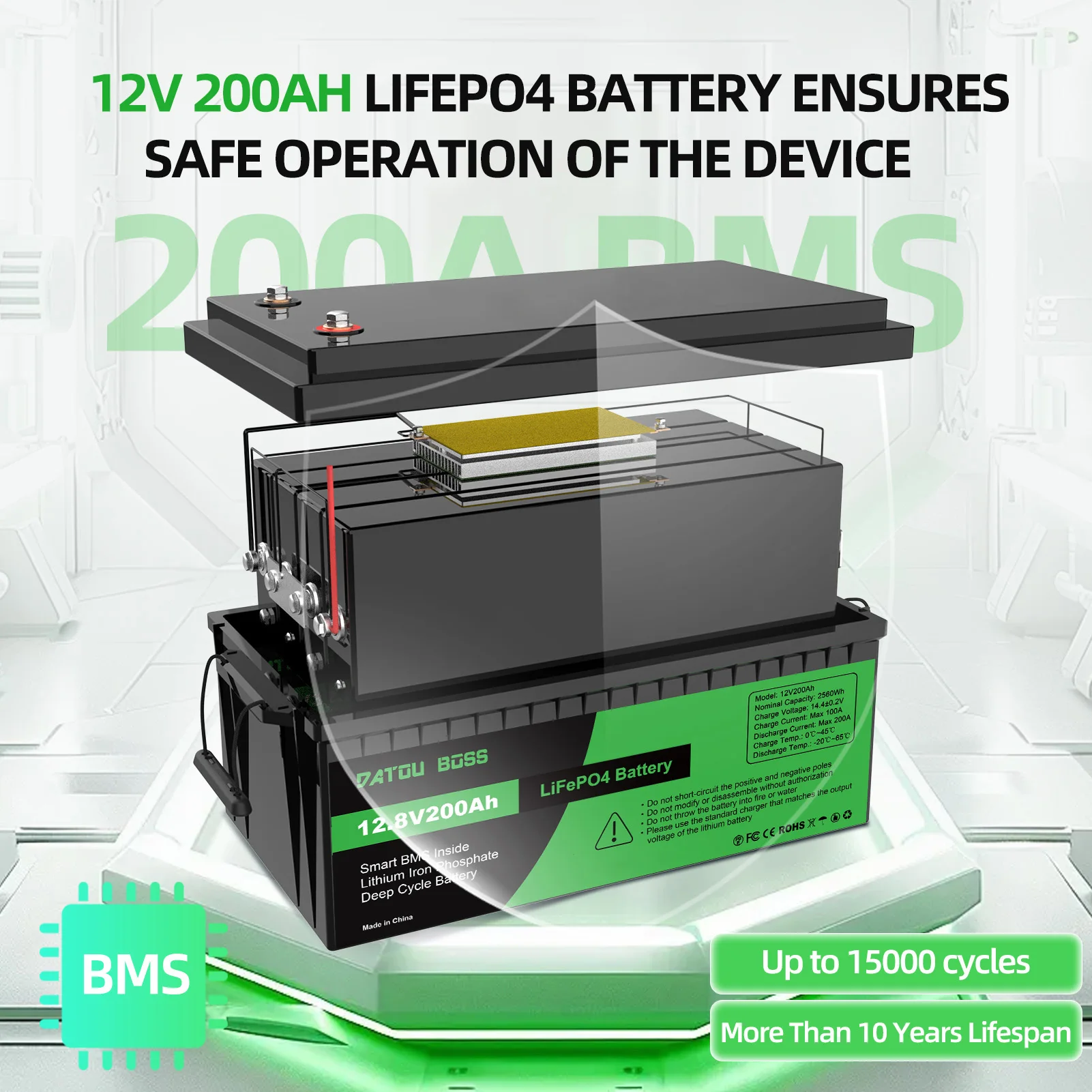 Фото Аккумулятор Datouboss LiFePO4 12В 200Ач, класс А, 8000 циклов глубокого разряда, литиевая батарея LiFePO4 для автодомов, тележек, лодок №3