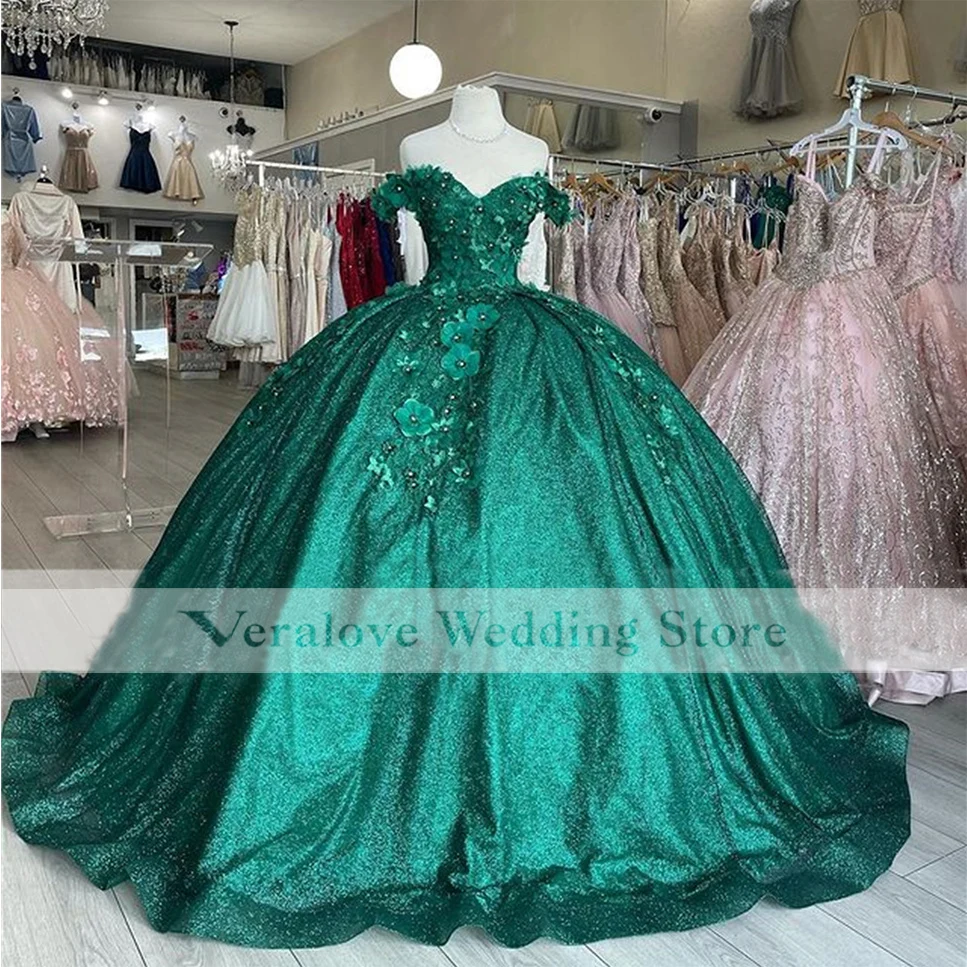 

Emerald Green Quinceanera Dresses 2022 Ball Gown Floral Applique Crystal Sweet 16 Dresses Lace-Up Birthday Party Gowns