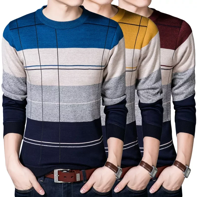 

New2022 Brand Social Cotton Thin Men's Pullover Sweaters Casual Crocheted Striped Knitted Sweater Men Jersey Clothes