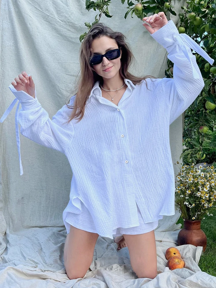 

Linad Loose Women's Home Clothes 2 Piece Sets White Lace Up Long Sleeve Sleepwear Cotton Winter Casual Female Suits With Shorts