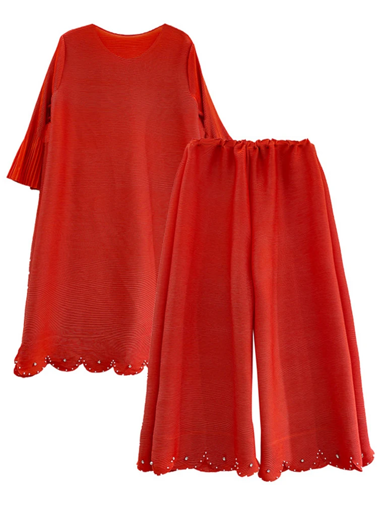 LANMREM однотонный плиссированный комплект из 2 предметов для женщин топы с круглым