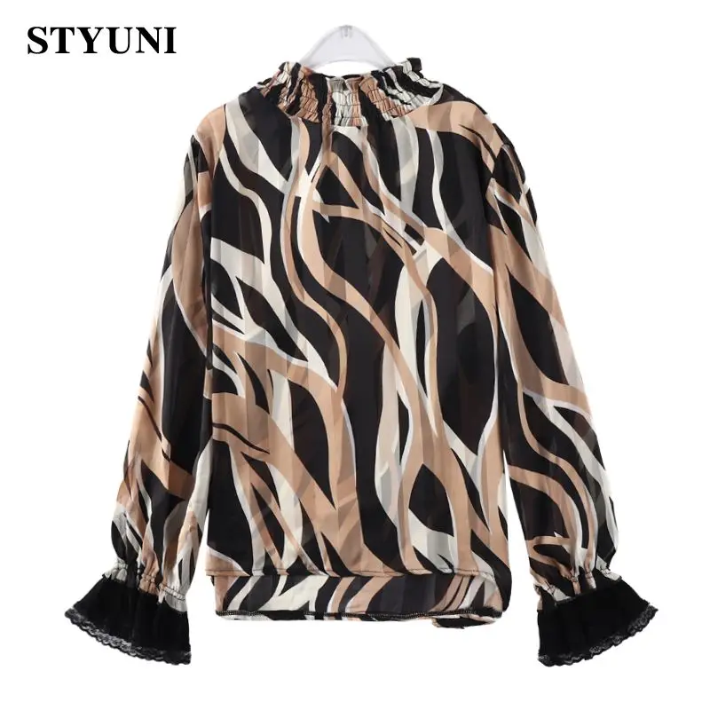 

Женская шифоновая блузка в полоску, шифоновая блузка с воротником-стойкой и длинным рукавом, расклешенная кружевная блузка с длинным рукав...