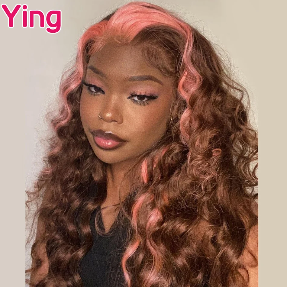 Ying 180% Density 13X6 Lace Front Wig Natural Wave Highlight Pink Brown Curly Colored Lace Front Human Hair Wigs for Black Women