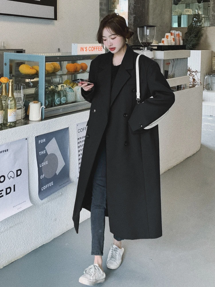 

Fashion New Double-Breasted Long Women Blazer Trench Coat Loose Oversize Lady Duster Coat Spring Autumn OuterwearBlack Blue