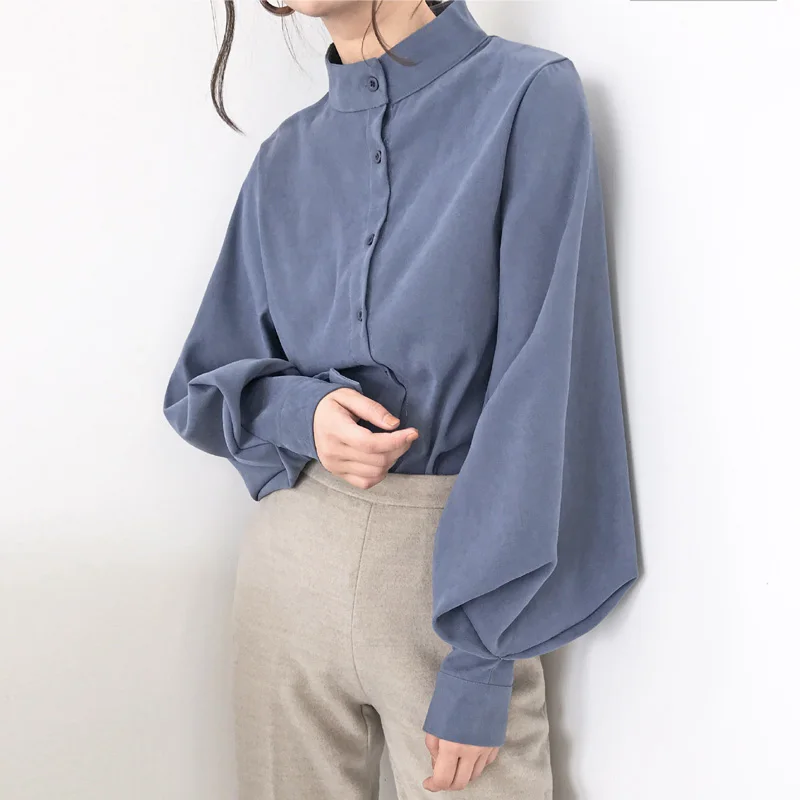 

Big Lantern Sleeve Blouse Women Autumn Winter Single Breasted Stand Collar Shirts Office Work Blouse Solid Vintage Blouse Shirts