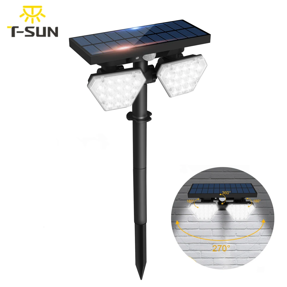 

T-SUN IP65 двойной головкой солнечный светильник на солнечной батарее на открытом воздухе садовый светильник Солнечный настенный светильник Три светильник режимов безопасности светодиодный прожектор светильник