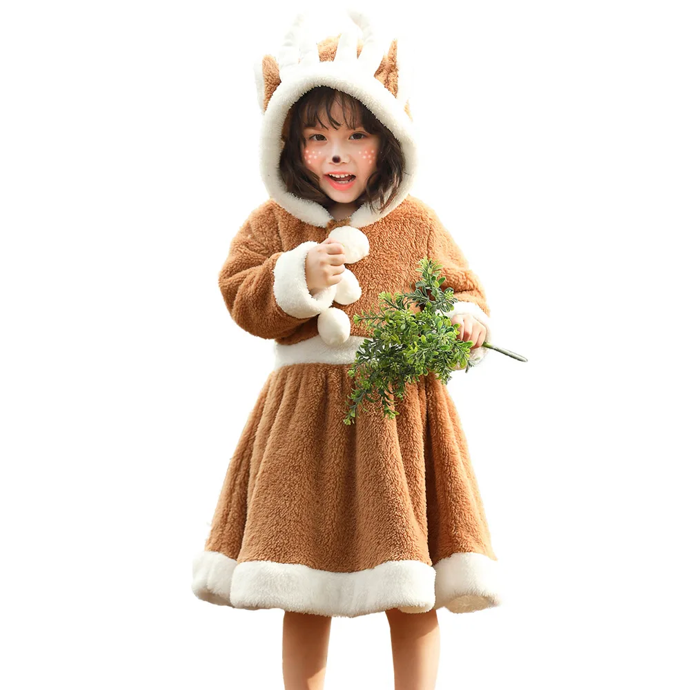 

Girls Christmas Santa Claus Elk Coral Fleece Dress With Hood Child Kid Tracksuit Pajamas Loungewear Home Cut Wear Costume