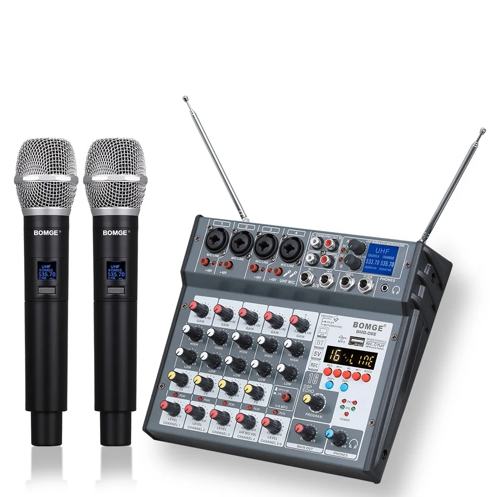 

6 Channel Audio Mixer Mixing Console Built-in Microphone UHF Wireless Mics Bluetooth USB 16 DSP Effect For DJ Karaoke PC Record