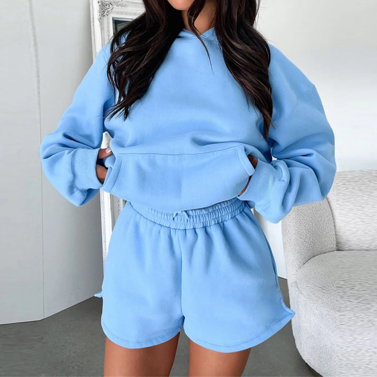 

Women Sweat Top & Elastic Waist Shorts Casual Drop Shoulder Hoodie & Shorts Sets Comfy Solid Color Simple Spring Fall Sweatsuits