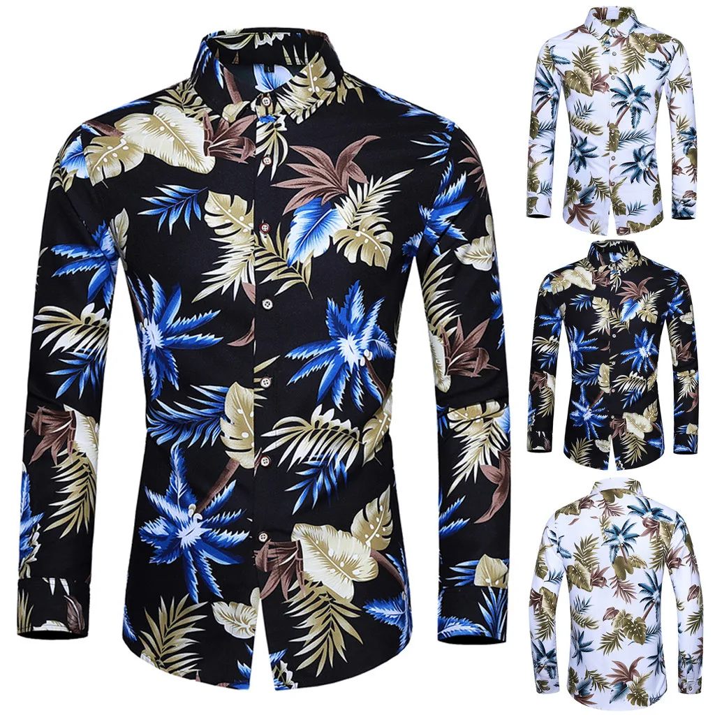 

Мужская модная рубашка в гавайском стиле с длинным рукавом и принтом, топы, мужские топы, футболки, мужские рубашки из полиэстера с длинными ...