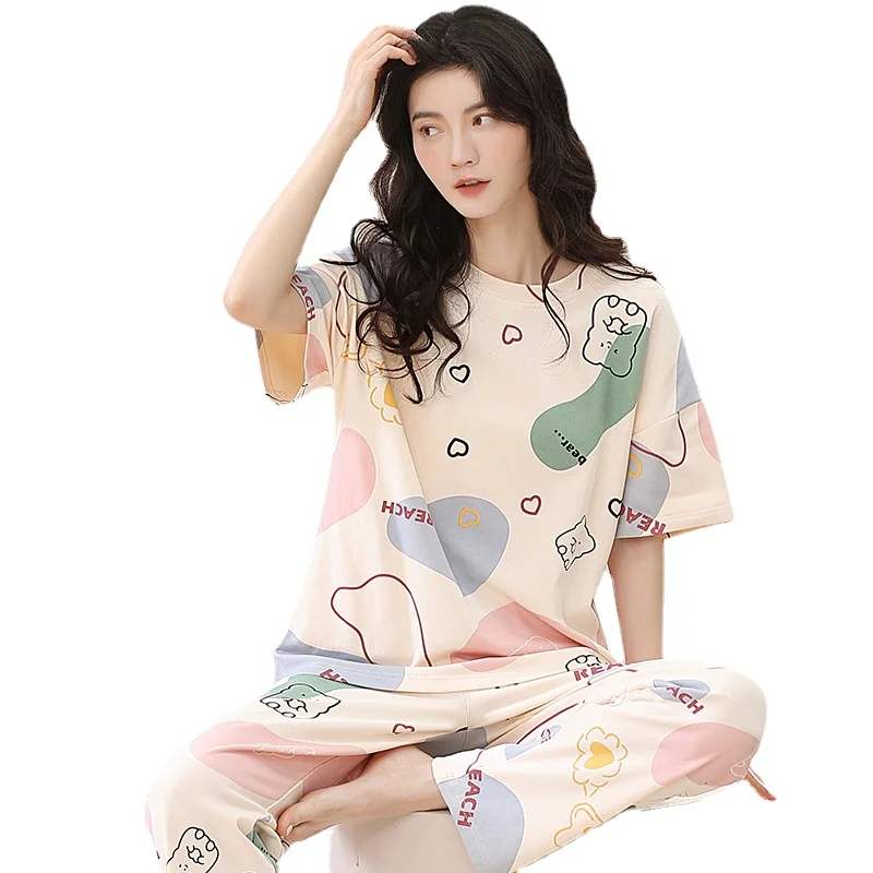 New 2023 Pajamas Women Summer Cotton Short-sleeved Cute and Sweet Casual Can Be Worn Outside Home Service Suit with Round Neck