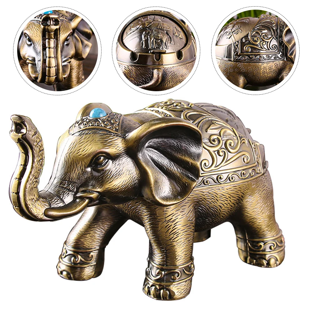 

Ashtray Ash Elephant Ashtrays Holder Desktop Retro Windproof Tray Statue Animal Metal Figurine Vintage Decorative Lid Odor Cigar