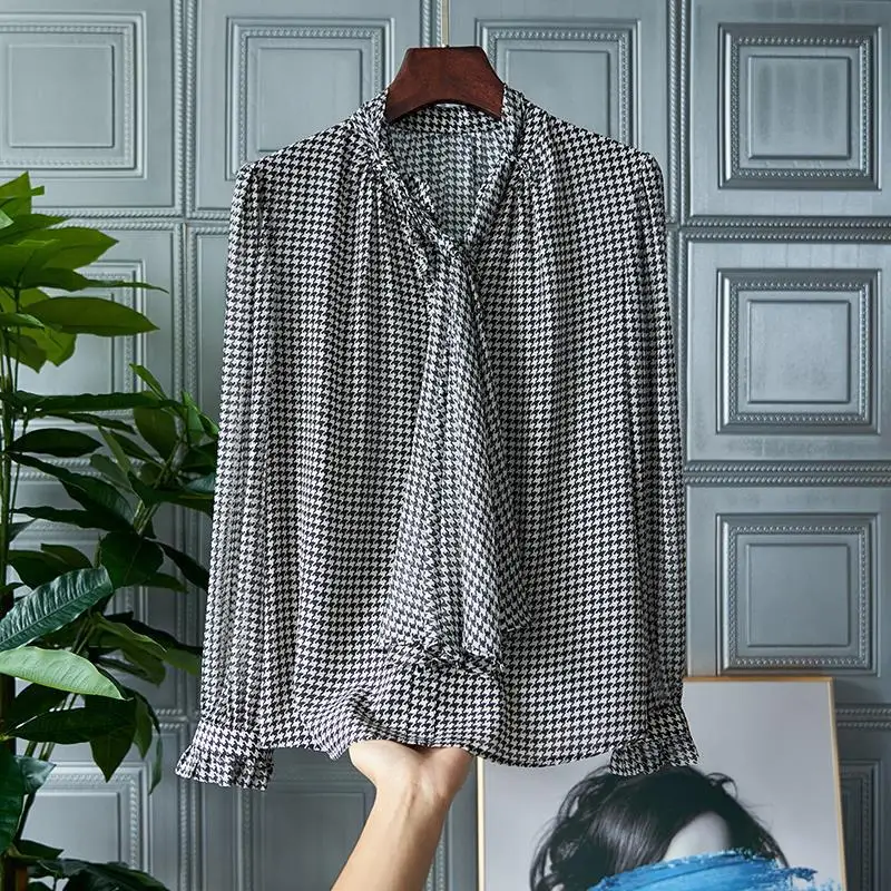 

Autumn Bow Imitation Silk Shirt Long Sleeve 2022 New Women Houndstooth Streamer Loose Tops Mujer