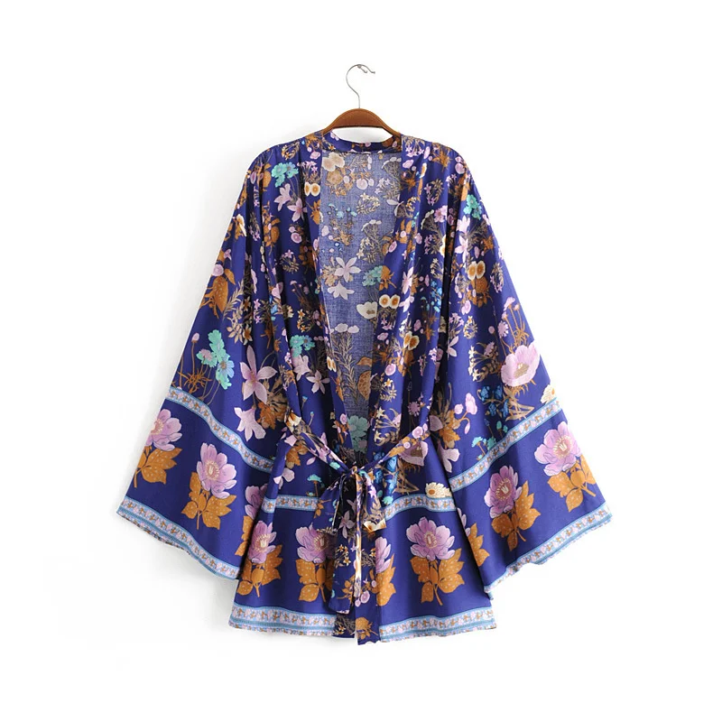 

Casual Beach Cover Ups Blusas Belt Gypsy Style Hippie Women Kimono 2023 Boho Vintage Floral Print Short Robes