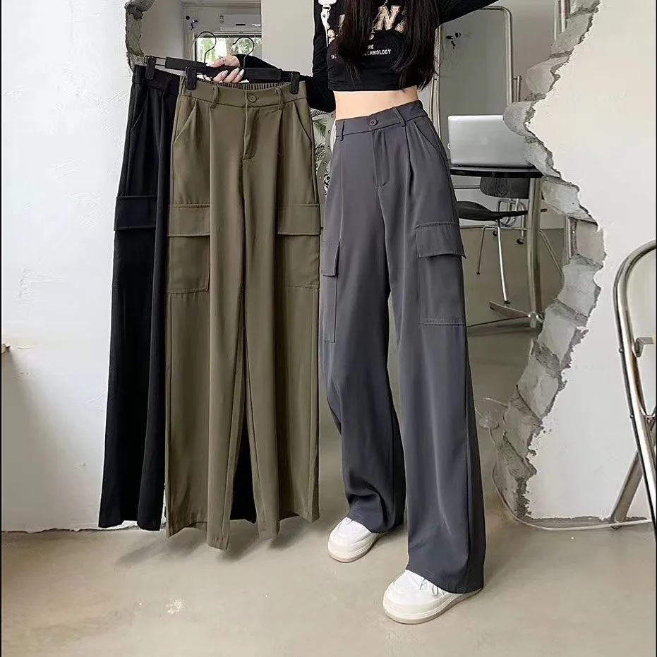 

Summer High Waist Women Pants Korean Casual Cargo Pants Women Loose Fit Straight Suit Pants Fashion Fashion Office Ladies Pants