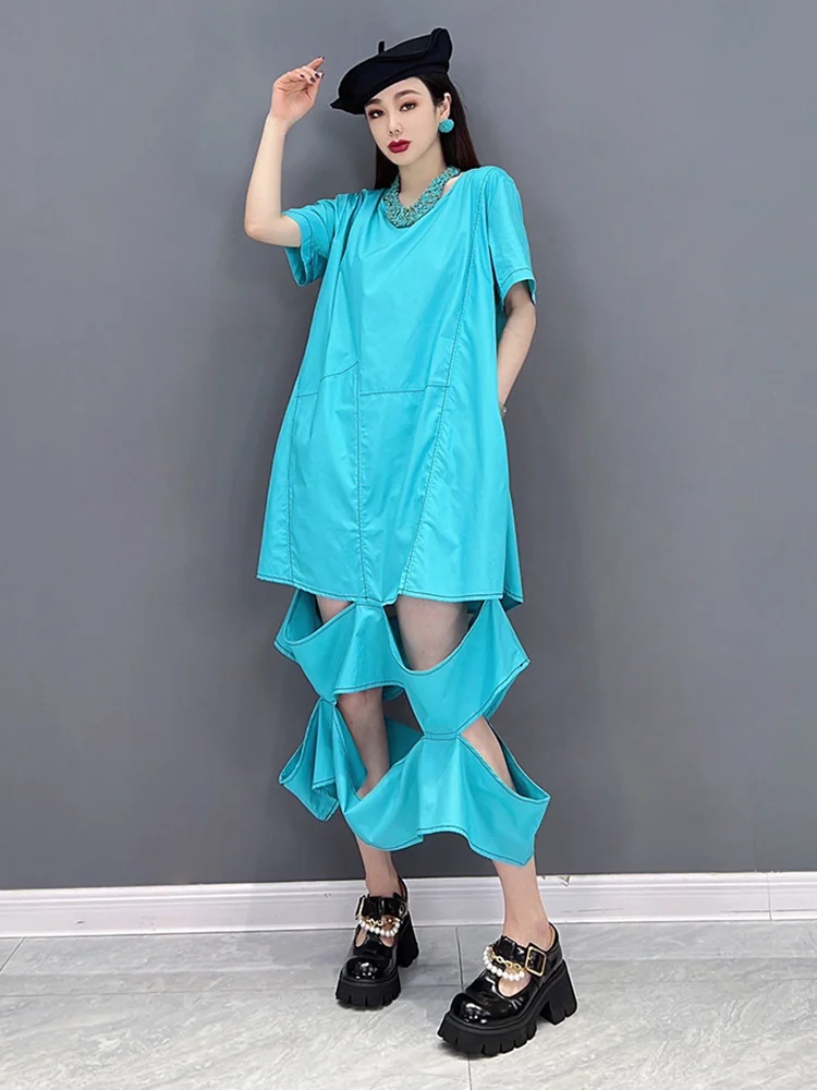 

Hollow Out Solid Color Dress Loose Temperament Round Neck Short Sleeve Personality Summer 2022 New Fashion Tide