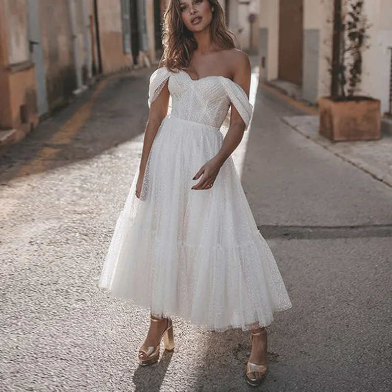 Women Elegant Wedding Dress Sexy Tulle Lace Off-Shoulder Backless Prom Party Dress Fashion Pleated A-Line Bridesmaid Dresses