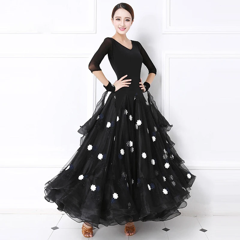 Элегантные стандартные платья для бальных танцев вальса черная волнистая юбка