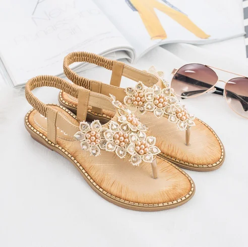 

ZOCI Ladies Summer Handmade Bead Flower A1 Sround Toe Clip-on Leather Sandals Soft Non-slip Rubber Sole