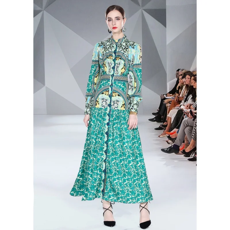 

2023 New Fashion Chiffon Printed Dress Women's Autumn Vintage Standing Neck Long Sleeve Loose Fit Casual Holiday Dress Vestidos