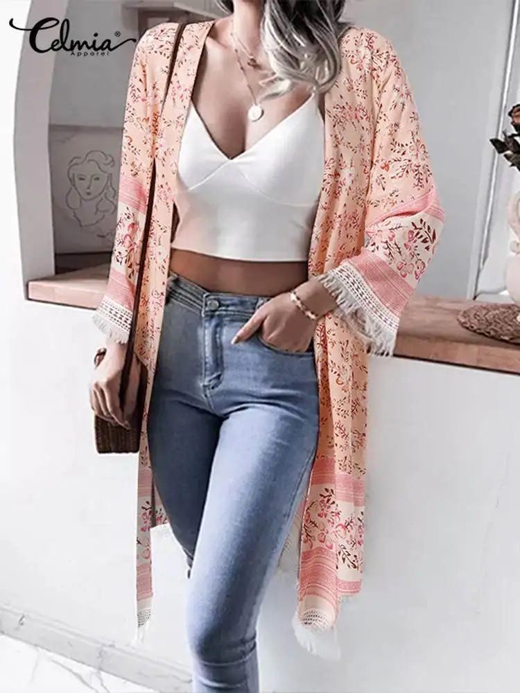 

Celmia Women Bohemian Long Cardigan Outwear Fashion Casual Tassel Loose Kimono Floral Print Open Front Long Sleeve Cover Up