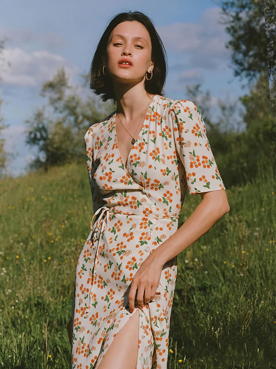 Женское винтажное платье миди с запахом Элегантное Длинное Платье V-образным