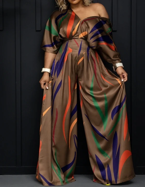

Jumpsuit for Women 2023 Spring Temperament Printed Waist Pleated Slim Fit Bat Sleeve Jumpsuit High Waist Wide Leg Jumpsuit