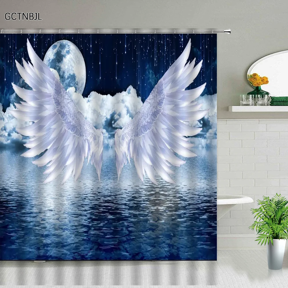 angel wing shower curtain set polyester fabric machine washable background wall curtains for bathroom home decor bath curtain free global shipping