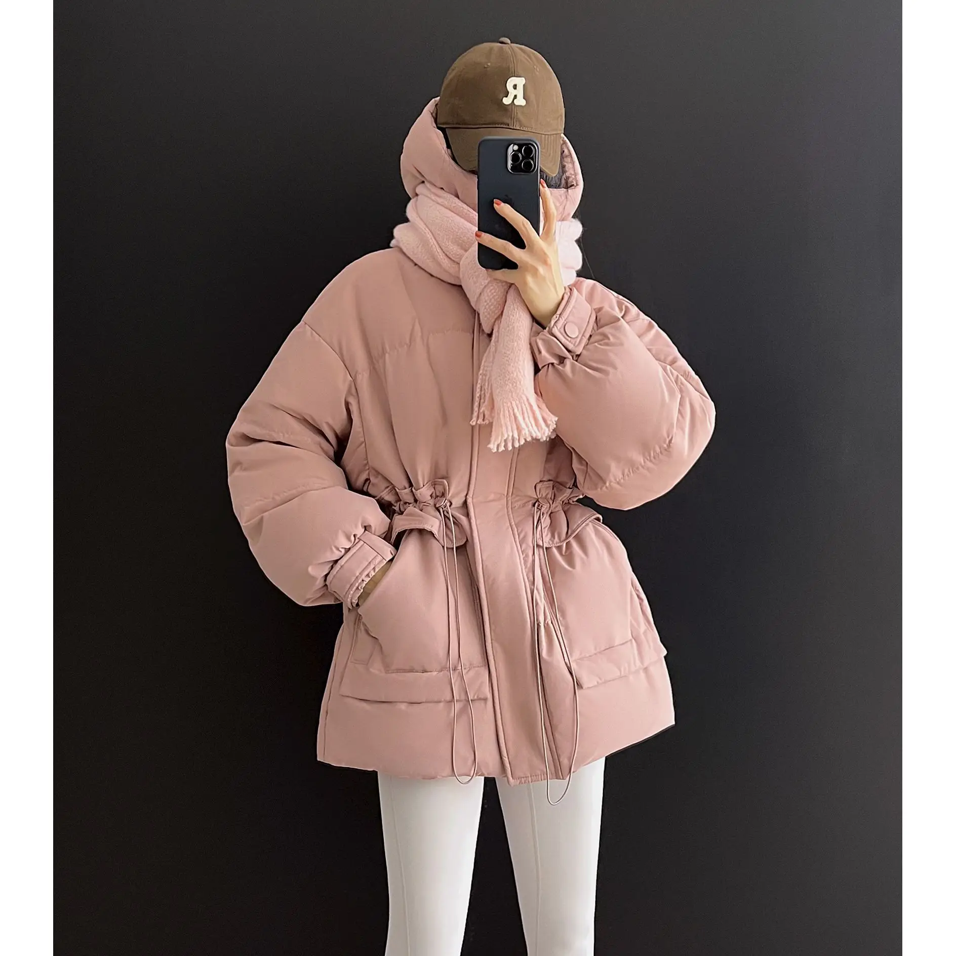 Five-Color Korean Style White Duck down Jacket 2023 Autumn and Winter New Waist Drawstring White Duck down Ladies Hooded down