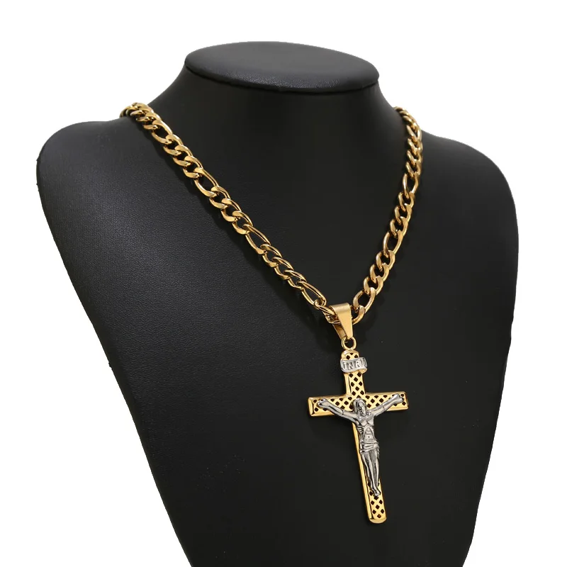 

1PC Catholic Jesus Christ on Cross Crucifix Stainless Steel 36*65mm Pendant Necklace 3:1 Figaro Chains Necklaces for Men 24''