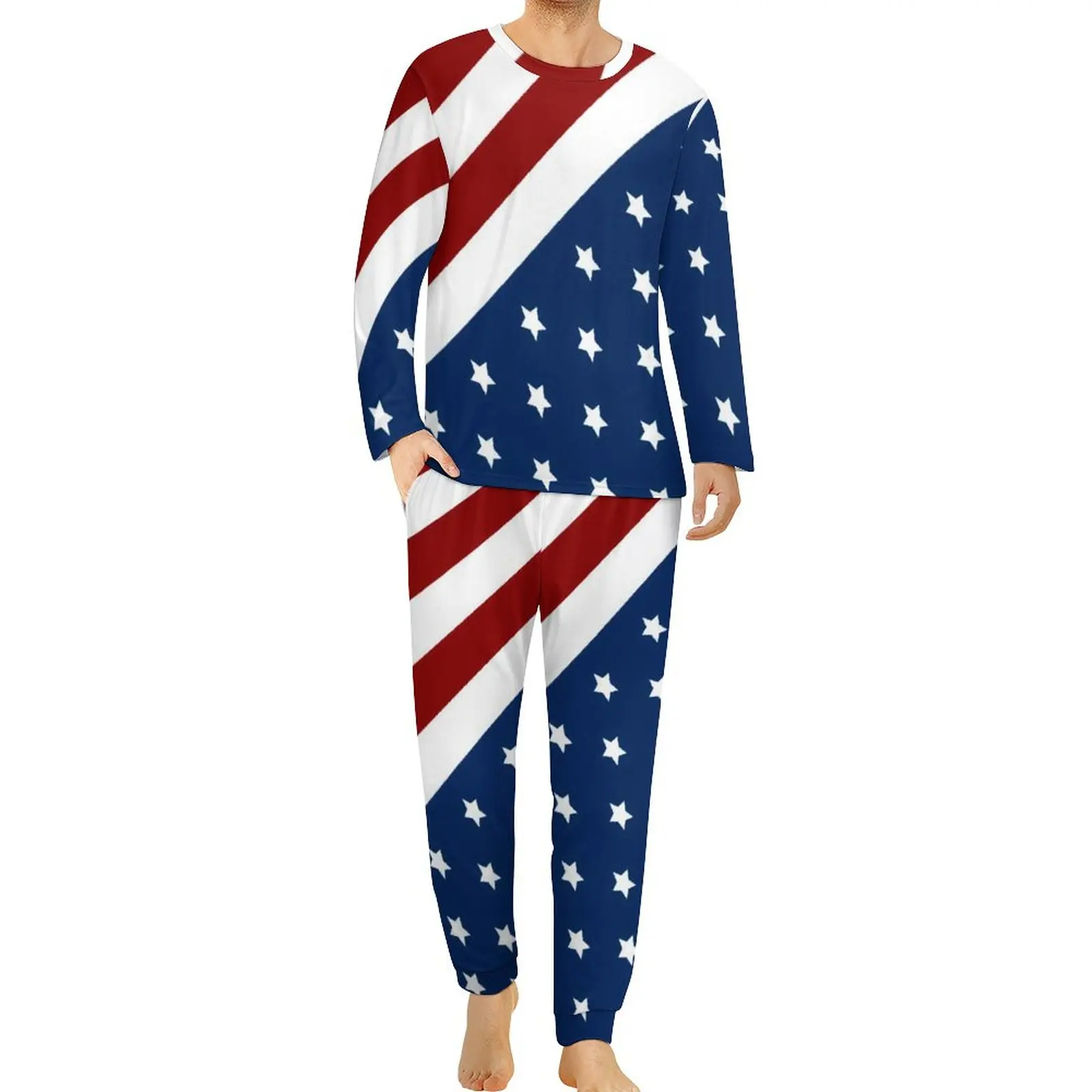 

Пижама с американским флагом, Мужская теплая ночная рубашка с рисунком патриотического флага и звезд, Весенняя Повседневная Пижама из двух ...