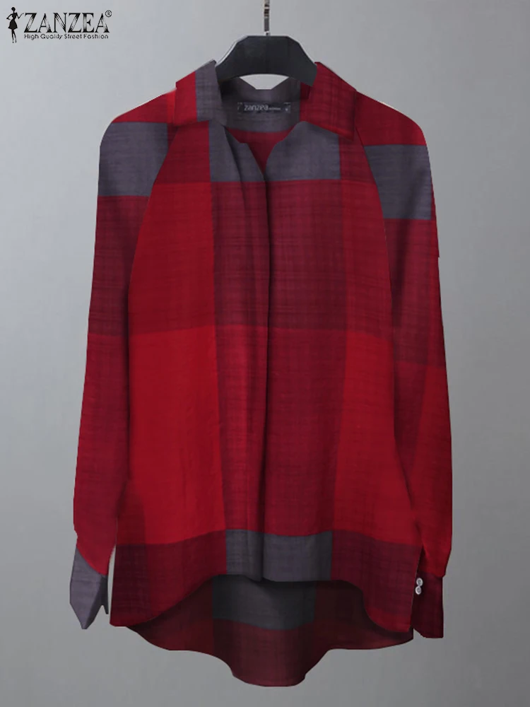 

Клетчатые топы с лацканами в богемном стиле, Элегантные повседневные свободные рубашки с высоким и низким вырезом для отдыха ZANZEA, Женская О...