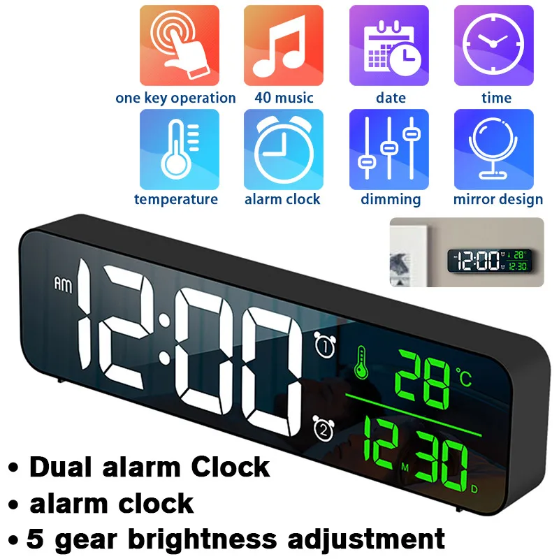 

Цифровой светодиодный Будильник 5P, цифровые часы с повтором сигнала, с двумя USB-портами, большой цифровой дисплей, диммер яркости