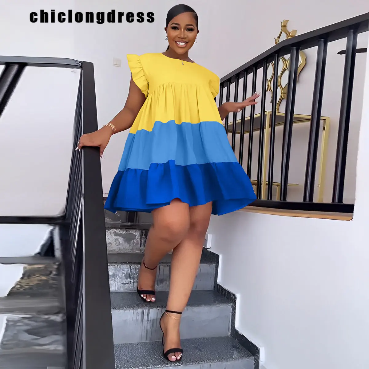 

Summer Fashion Loose Ruffle Dress Women Casual Patchwork Color Cute Fly Sleeve Mini Dress Women