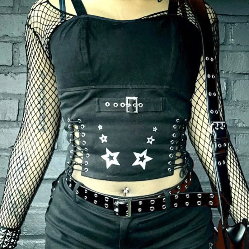 

Women Gothic Punk Style Tank Tops Star Print Lace-up Slim Fit Crop Top Summer Casual Vest Party Clubwear Y2k Streetwear