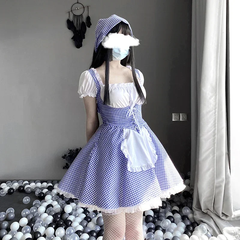 Лолита Косплей Сексуальный Аниме Костюм Горничной Kawaii Blauw Erotische Outfit Geplooide Kant Underwear