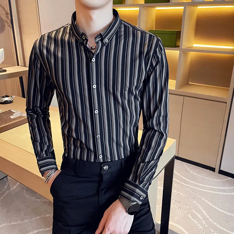 2021 Long Sleeve Men Shirts Spring Striped Casual Business Dress Shirt Camisa Masculina Chemise Homme Slim Social Men Clothing