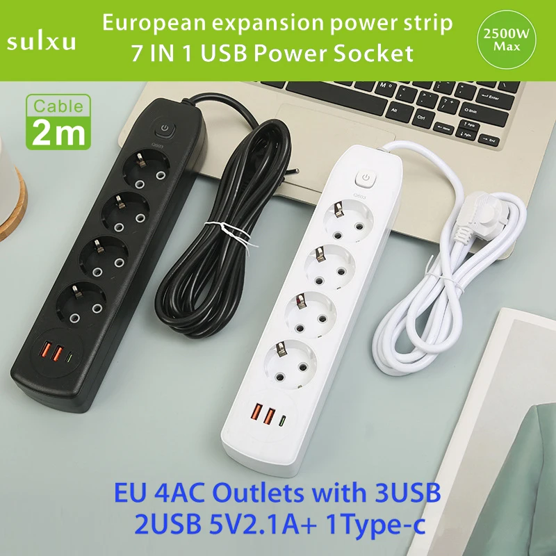 

Hot selling European expansion power socket 4AC Outlets with USB-A and USB-C charging power board 2 meter cable power strip