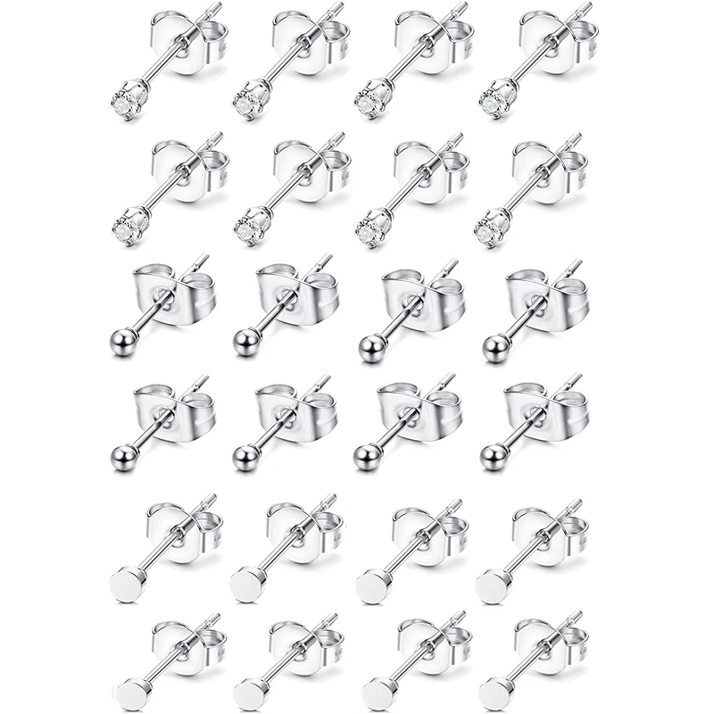 

12 Pairs of Stainless Steel Small Nails Men Women Small Round Ball Zircon Earrings Nail Set Ear Canal Cartilage Ear Hole Jewelry