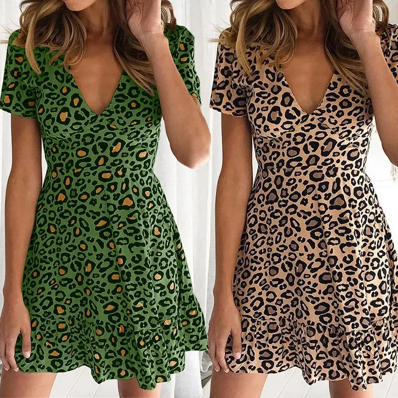 Sexy V-Neck High-Waisted Short Sleeve Leopard Print Dress New Arrival Spring Summer 2023 Cross-Border European American Style |