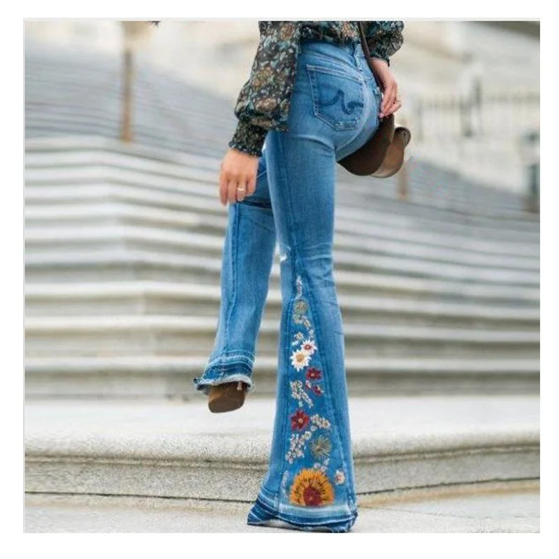 Embroidered Trousers Denim Bell Bottom Pants Ventilation High Street Wide Legged Women Elasticity Breathe Reely nylon wide pants