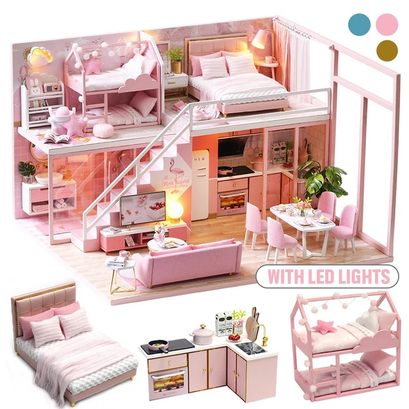 

New DIY Dollhouse 1:24/1:32 Scale Miniature Wooden Dollhouse Kits With LED Light Building Kit Toys for Children Birthday Gifts