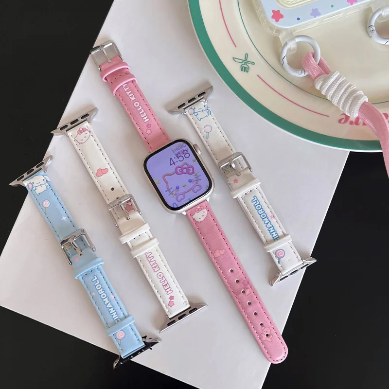 Тонкий кожаный ремешок Hello Kitty для Apple Watch 38/40/41 мм 42/44/45/49