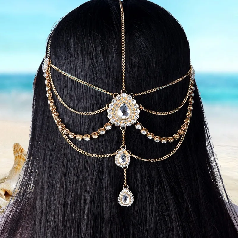 

Bohemian Fashion Gold Water Drop Head Chain Artificial Rhinestone Tassel Headband Headband Women's Bridal Wedding Jewelry